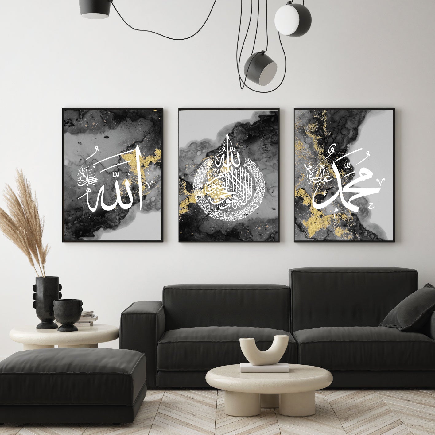 islamitische posters set van 3 - allah - muhammed -ayat el kursu - woondecoratie - islam wall art - islamic art - islamitische kunst - duvar poster - muslim art - gepersonaliseerde posters - islamic poster allah, muhammed in goud - Islamitische Kunst