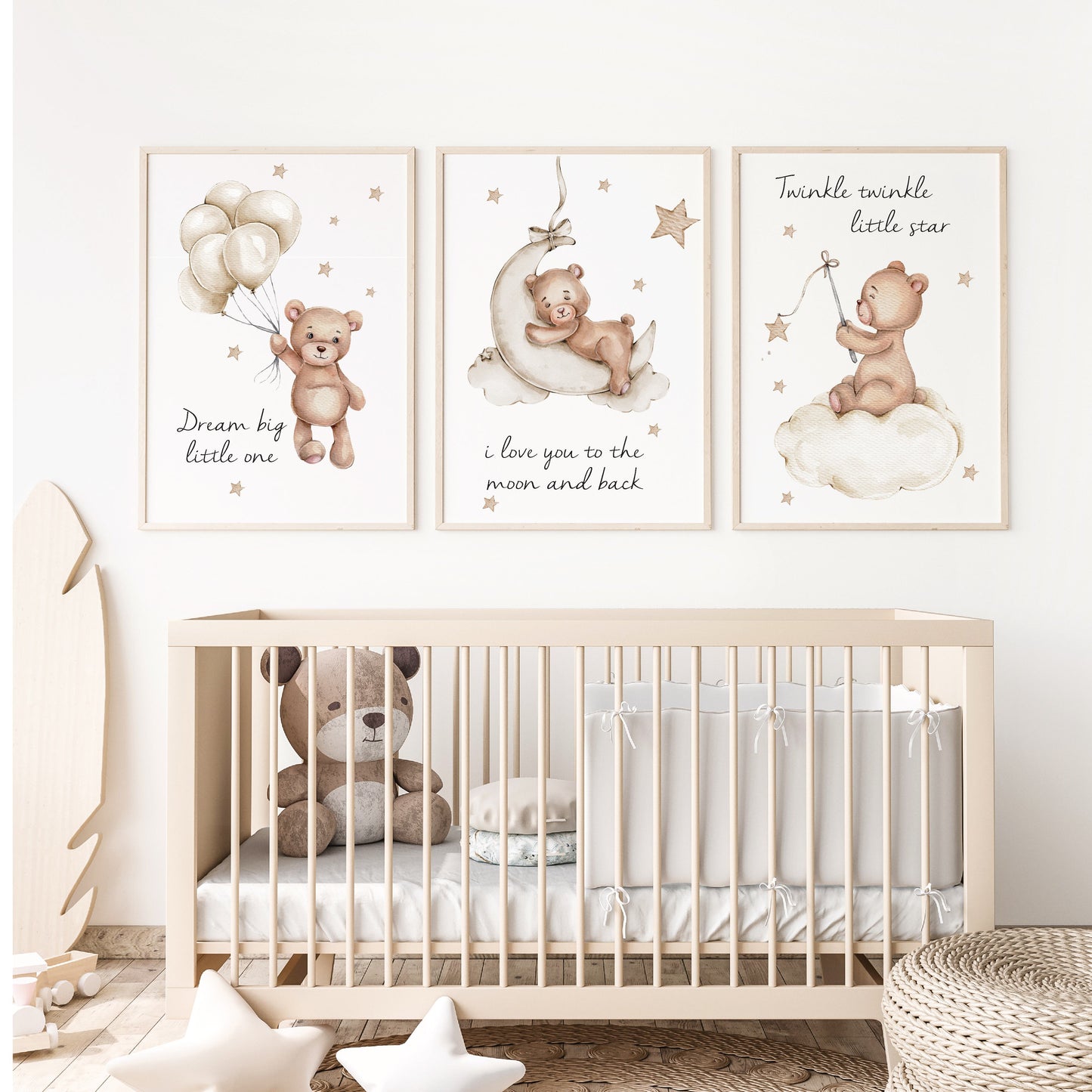 Babykamer posters set 3 stuks - Kinderkamer decoratie - Teddy beer met ballon sterren - Kinder poster - Beige