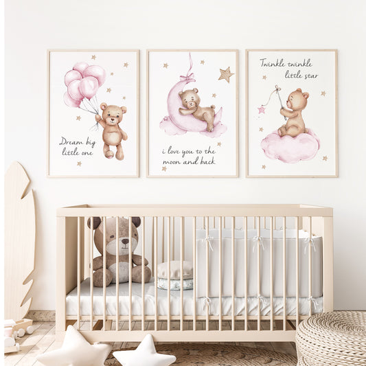 Babykamer posters set 3 stuks  - Kinderkamer decoratie - Teddy beer met ballon sterren - Kinder poster 