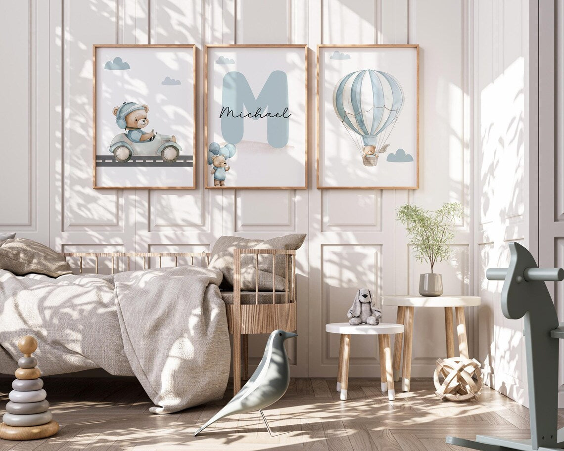 kinderkamer - posters - gepersonaliseerde posters teddybeer - posters babykamer - decoratie kinderkamer - luchtballon met naam - babykamer kinderkamer