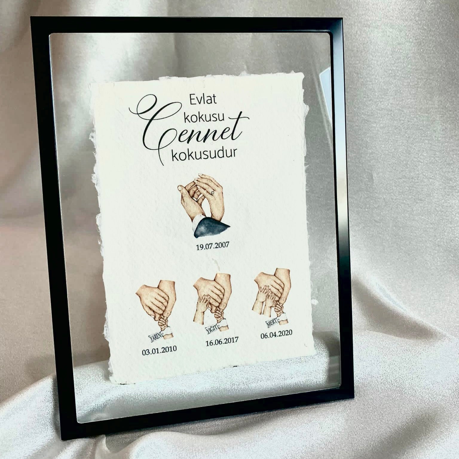 Gepersonaliseerde fotolijst met handjes van familie op handgeschepte papier Gepersonaliseerde poster met handjes - new born cadeau - familie poster - kraam cadeau - ouders met kinder handjes - baby habdjes met hun ouders - new born cadeau - pasgeboren baby kado - familie met baby handjes -