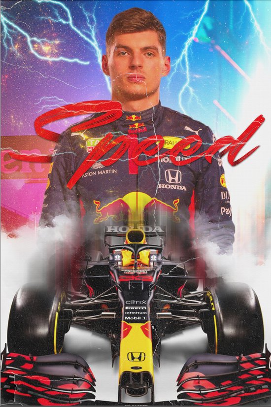 Max Verstappen wallart poster met actiebeeld van de Formule 1-coureur in volle snelheid op de racebaan